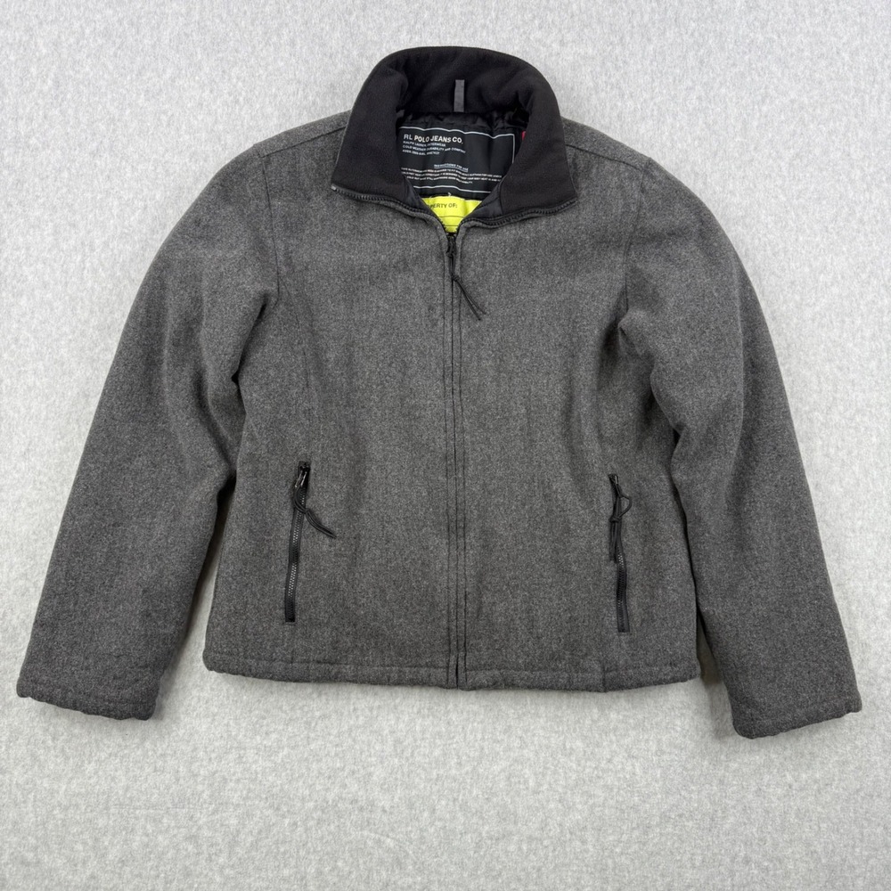 Vintage Ralph Lauren Polo Jeans Jacket Mens Large Gray Wool Blend Full Zip Quilt